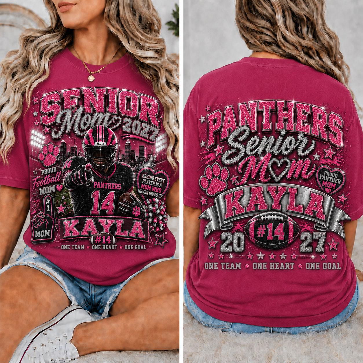 Personalized Senior Football Mom Shirt, Custom Player Name Number Tee, Senior Night Game Day Mom Shirt, Glitter Effect Football Gift