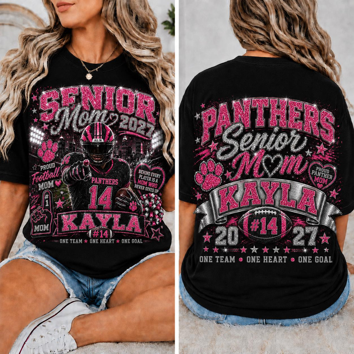 Personalized Senior Football Mom Shirt, Custom Player Name Number Tee, Senior Night Game Day Mom Shirt, Glitter Effect Football Gift