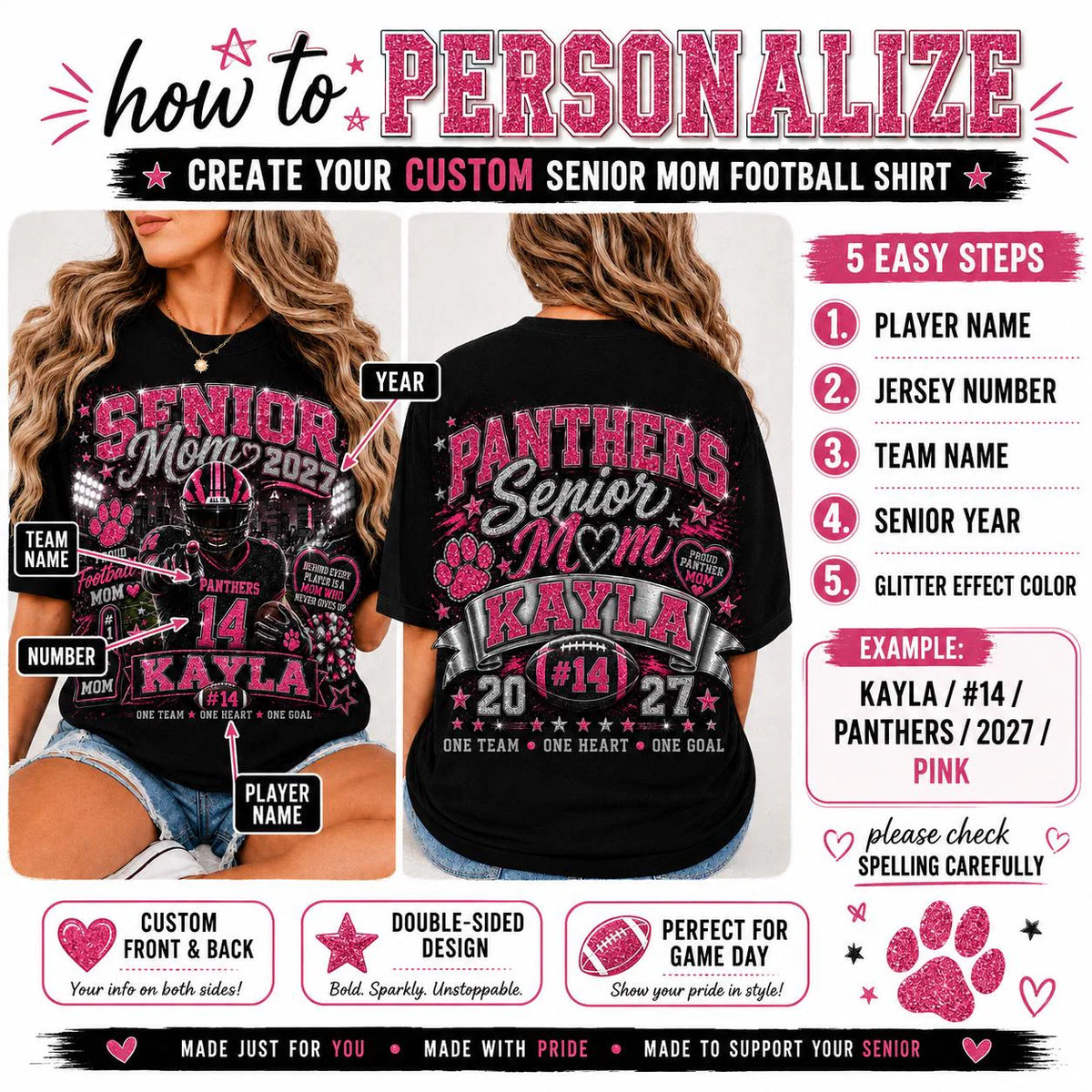 Personalized Senior Football Mom Shirt, Custom Player Name Number Tee, Senior Night Game Day Mom Shirt, Glitter Effect Football Gift