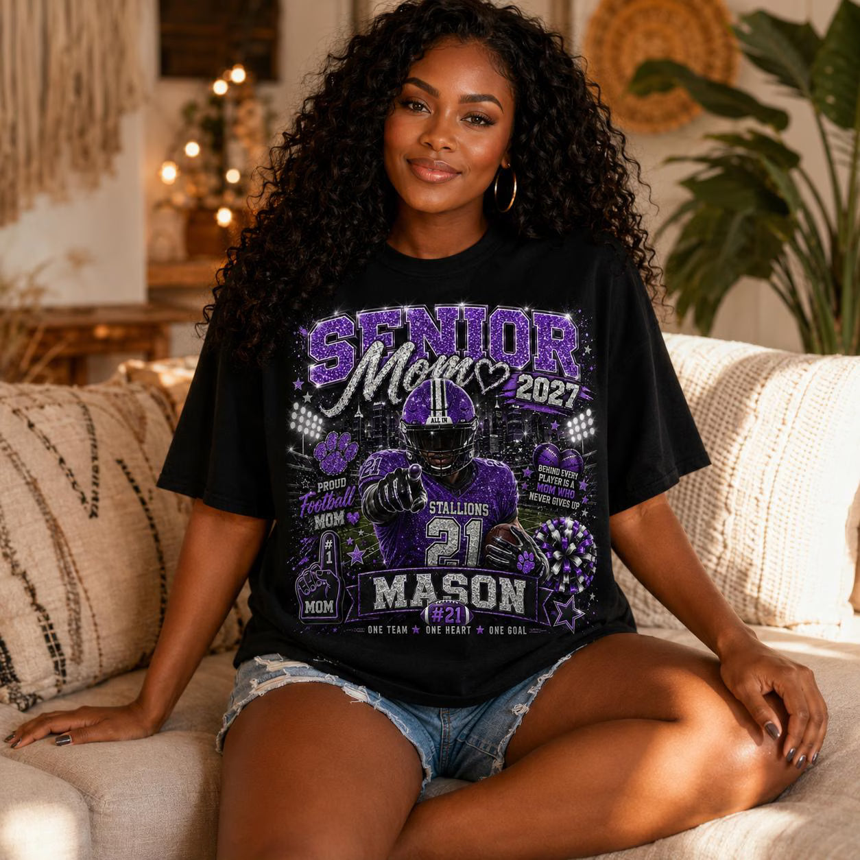 Personalized Senior Football Mom Shirt, Custom Player Name Number Tee, Senior Night Game Day Mom Shirt, Glitter Effect Football Gift