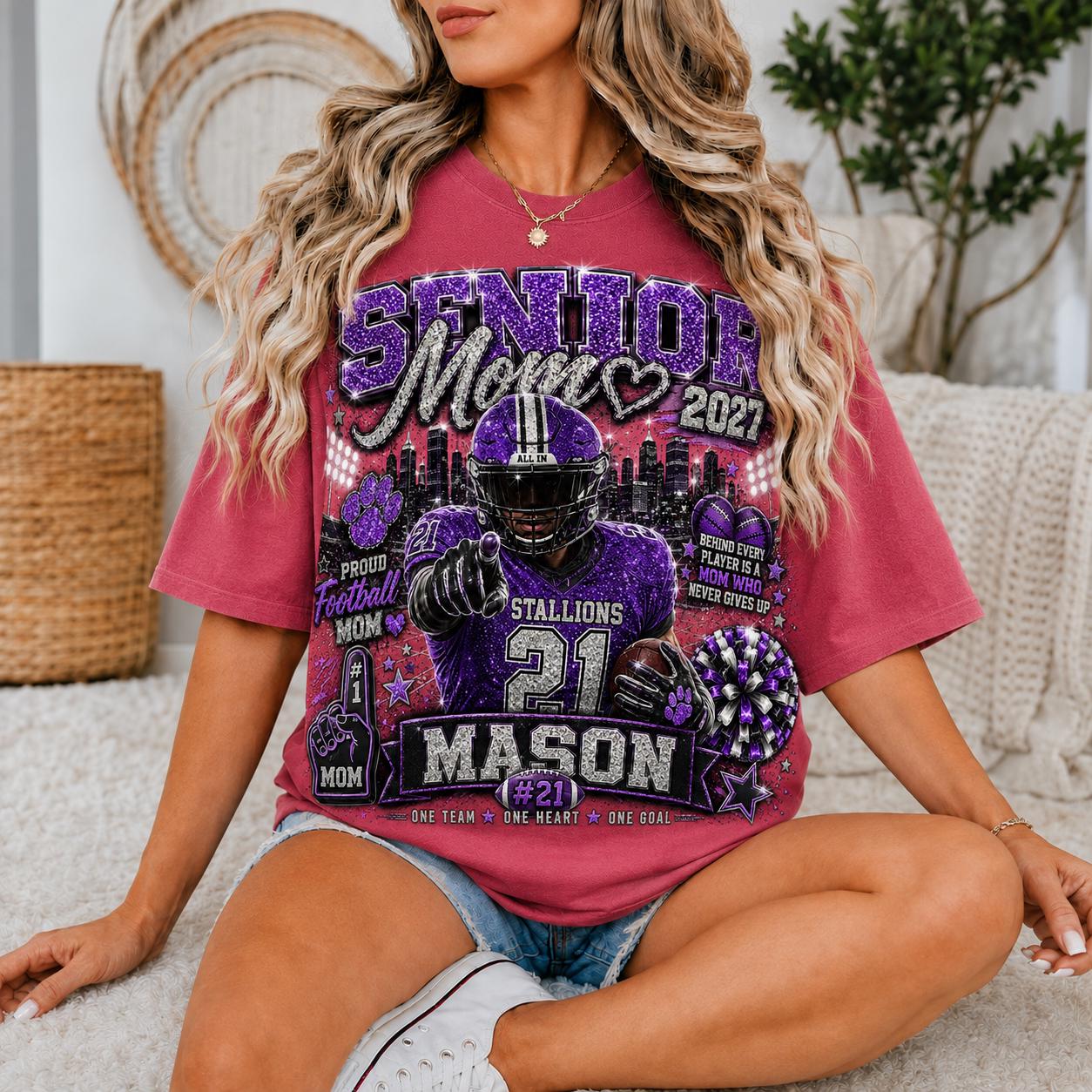 Personalized Senior Football Mom Shirt, Custom Player Name Number Tee, Senior Night Game Day Mom Shirt, Glitter Effect Football Gift