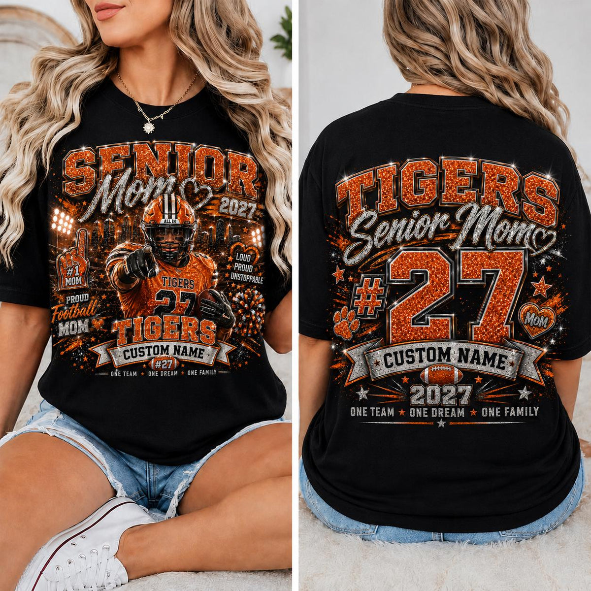 Personalized Senior Football Mom Shirt, Custom Player Name Number Tee, Senior Night Game Day Mom Shirt, Glitter Effect Football Gift