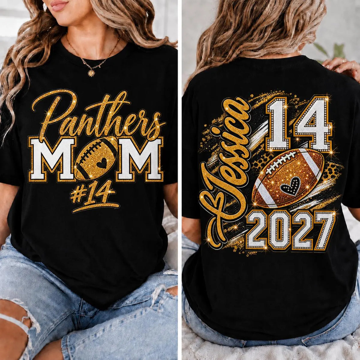 Personalized Football Mom Shirt, Custom Player Name Number, Game Day Mom Tee, Senior Football Mom, Glitter Effect Front Back