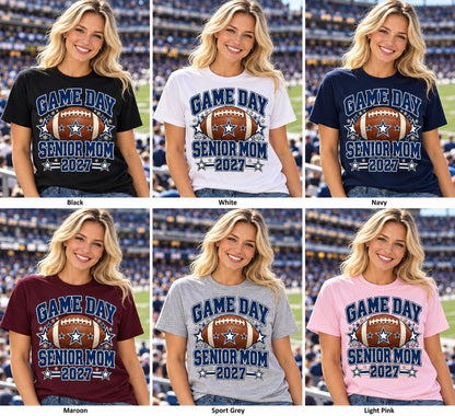Senior Mom — six shirt colors in a Game Day stadium: Black, White, Navy, Maroon, Sport Grey, Light Pink.