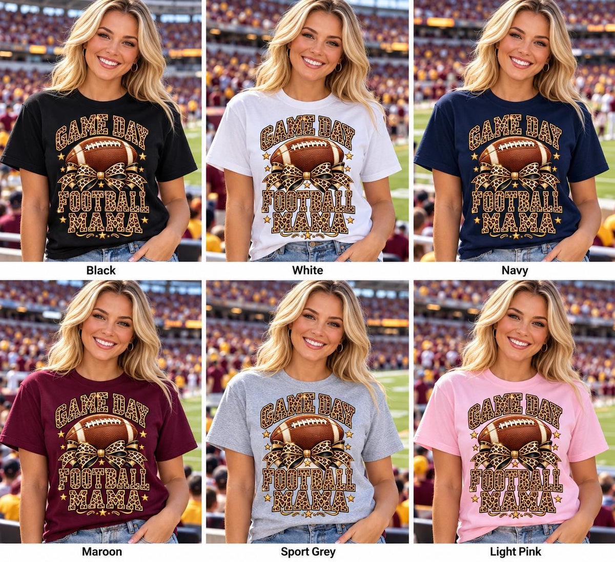 Football Mama — six shirt colors in a Game Day stadium: Black, White, Navy, Maroon, Sport Grey, Light Pink.