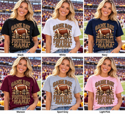 Football Mama — six shirt colors in a Game Day stadium: Black, White, Navy, Maroon, Sport Grey, Light Pink.