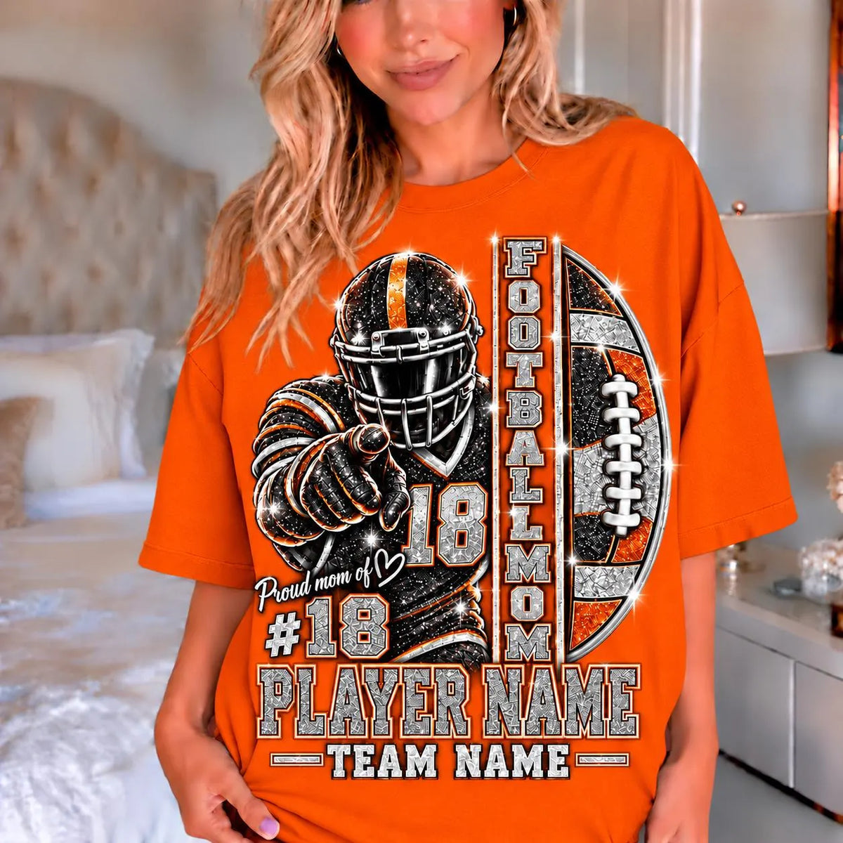 Personalized Football Mom Shirt — Player Name & Team Name, Printed Glitter