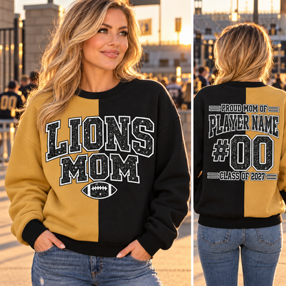 LIONS MOM black and gold sweatshirt game day front and personalized back — alternate color sold separately