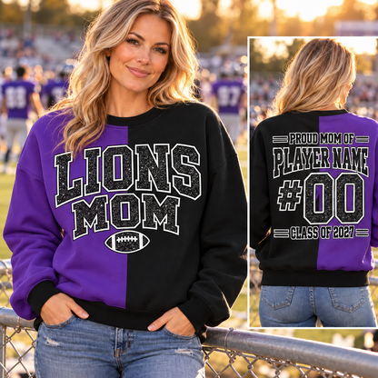LIONS MOM black and purple sweatshirt game day front and personalized back