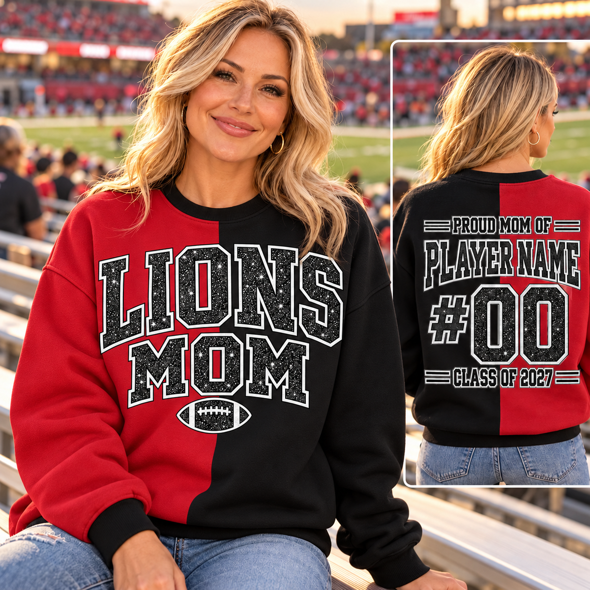LIONS MOM black and red sweatshirt game day front and personalized back