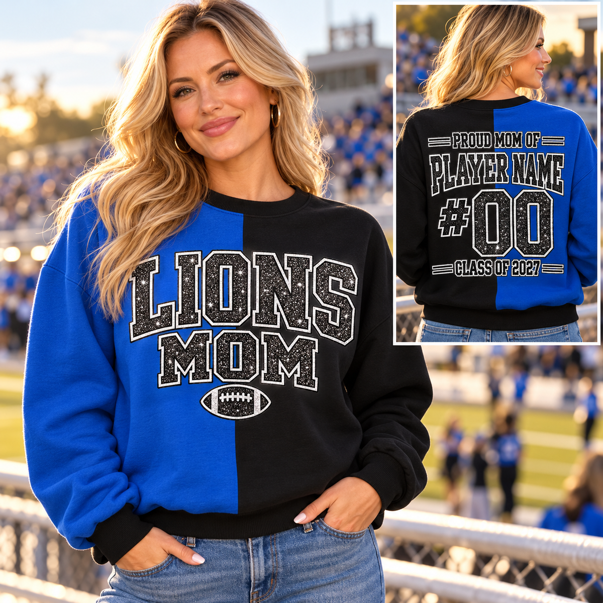 LIONS MOM black and royal blue sweatshirt game day front and personalized back — alternate color sold separately