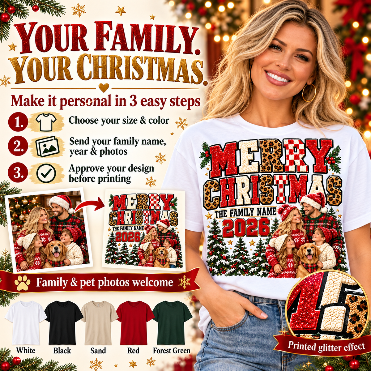 Personalization in three steps: choose color and size; send family name year and photos; approve artwork.