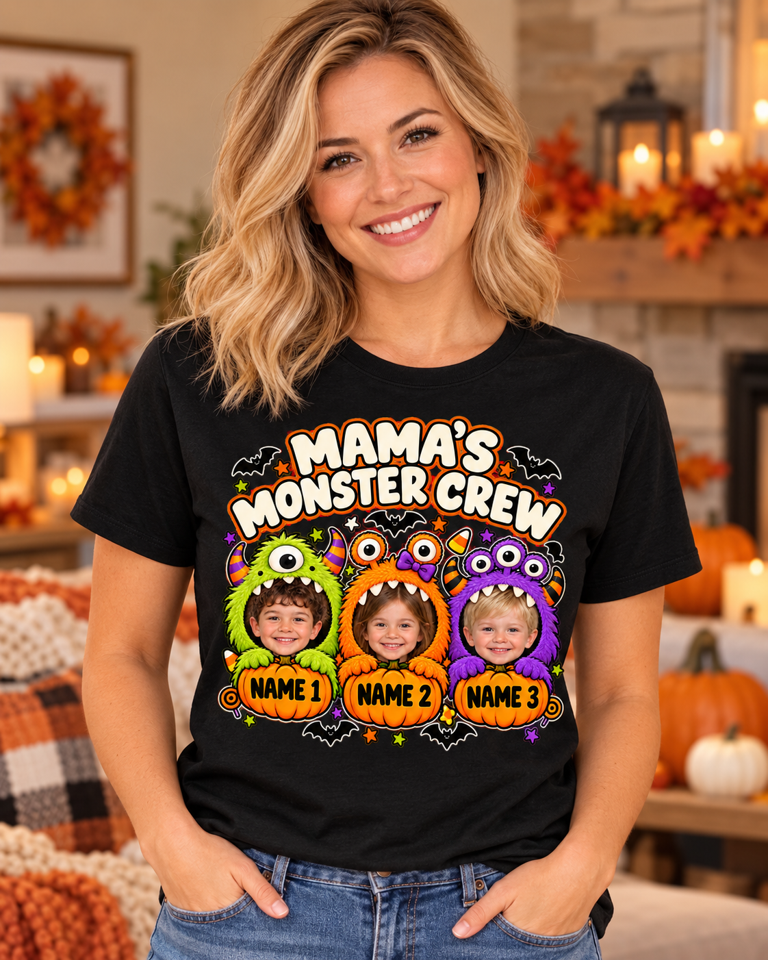 MAMA'S MONSTER CREW – front lifestyle mockup with three example child photos