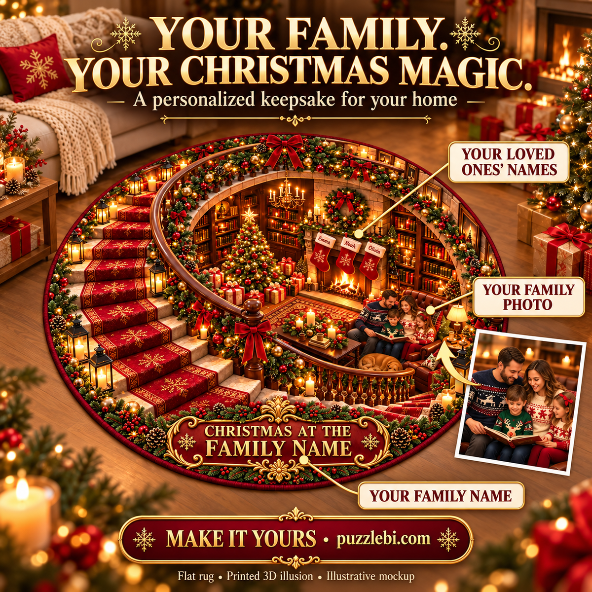 Make it yours: personalize the Christmas rug with your family photo, family surname and loved ones names. Printed 3D illusion on a flat rug.