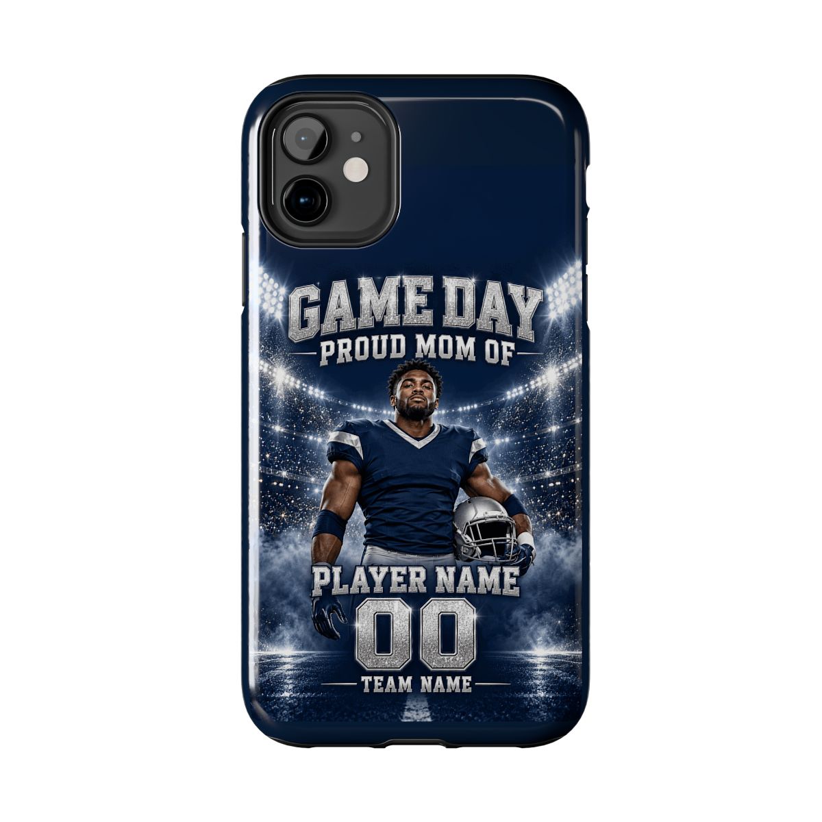 Navy and silver personalized Proud Mom football phone case with player photo