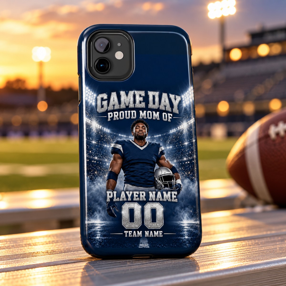 Premium stadium lifestyle mockup – blue personalized phone case