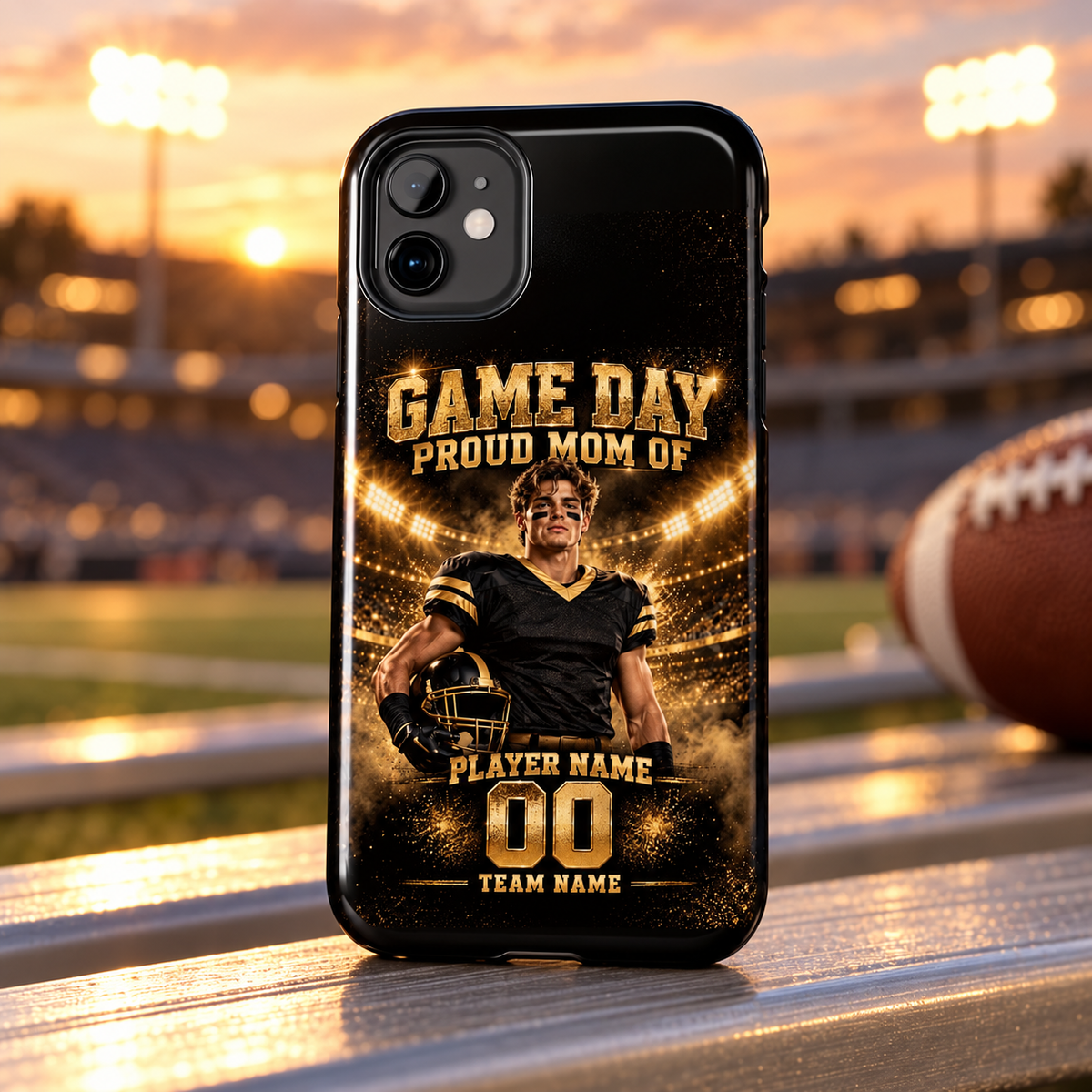 Premium stadium lifestyle mockup – gold personalized phone case