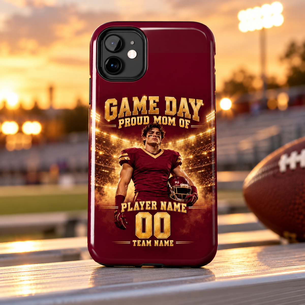 Premium stadium lifestyle mockup – burgundy personalized phone case