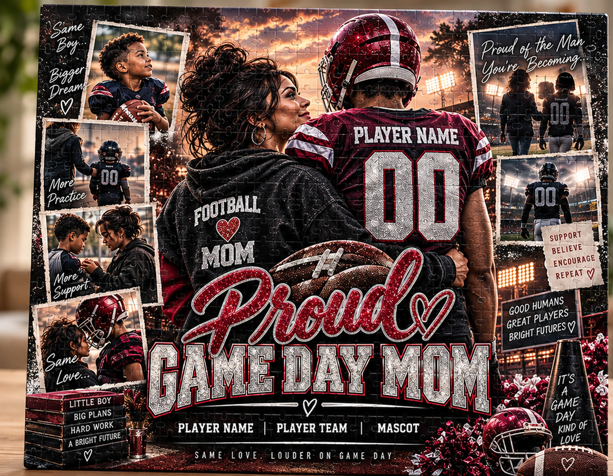 Premium burgundy glitter-look football mom story puzzle assembled mockup