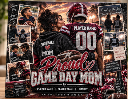 Premium burgundy glitter-look football mom story puzzle assembled mockup