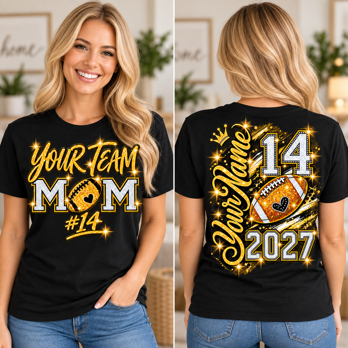 Black T-shirt front and back, personalized Senior Football Mom, gold and silver printed glitter effect