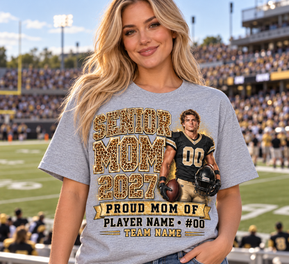 Senior Mom 2027 sport grey shirt game day football field lifestyle mockup
