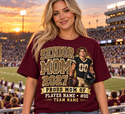 Senior Mom 2027 maroon shirt stadium sunset game day lifestyle mockup
