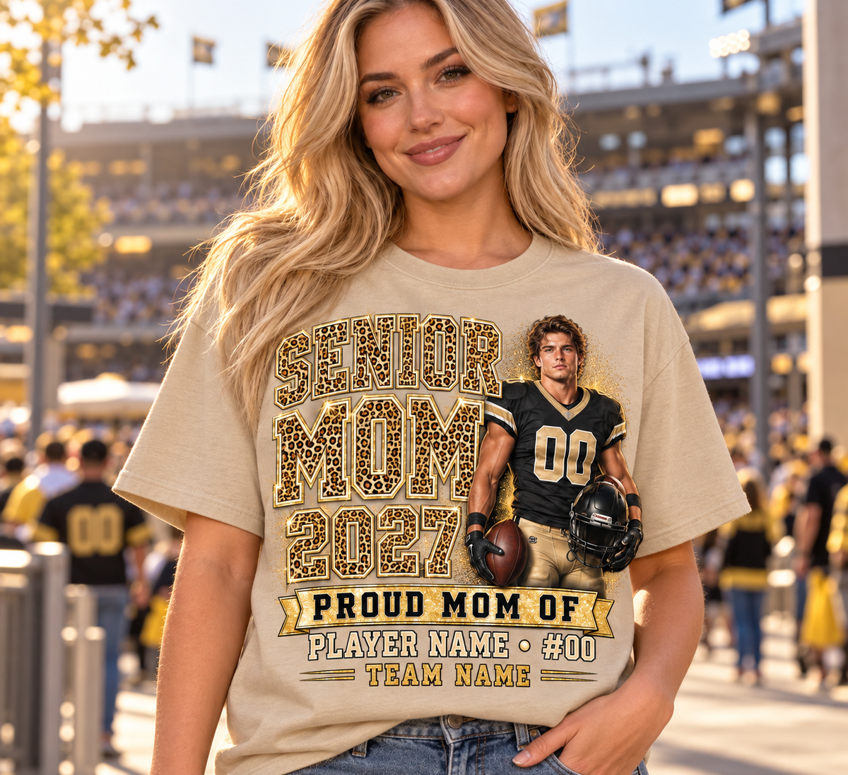 Senior Mom 2027 sand beige shirt game day stadium entrance lifestyle mockup