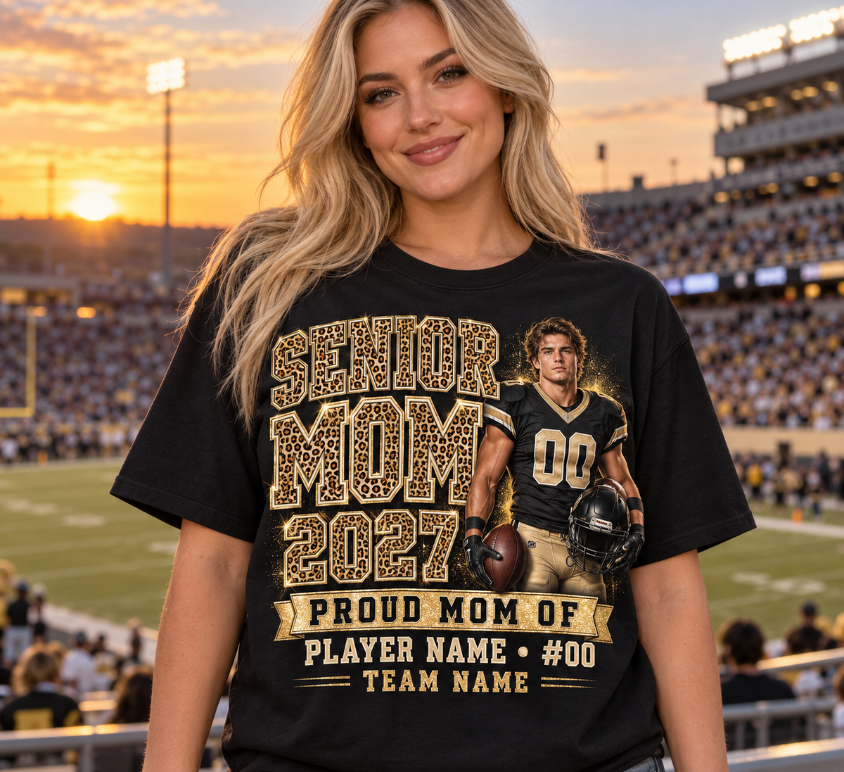 Senior Mom 2027 leopard gold photo football shirt on blonde model at stadium – illustrative mockup
