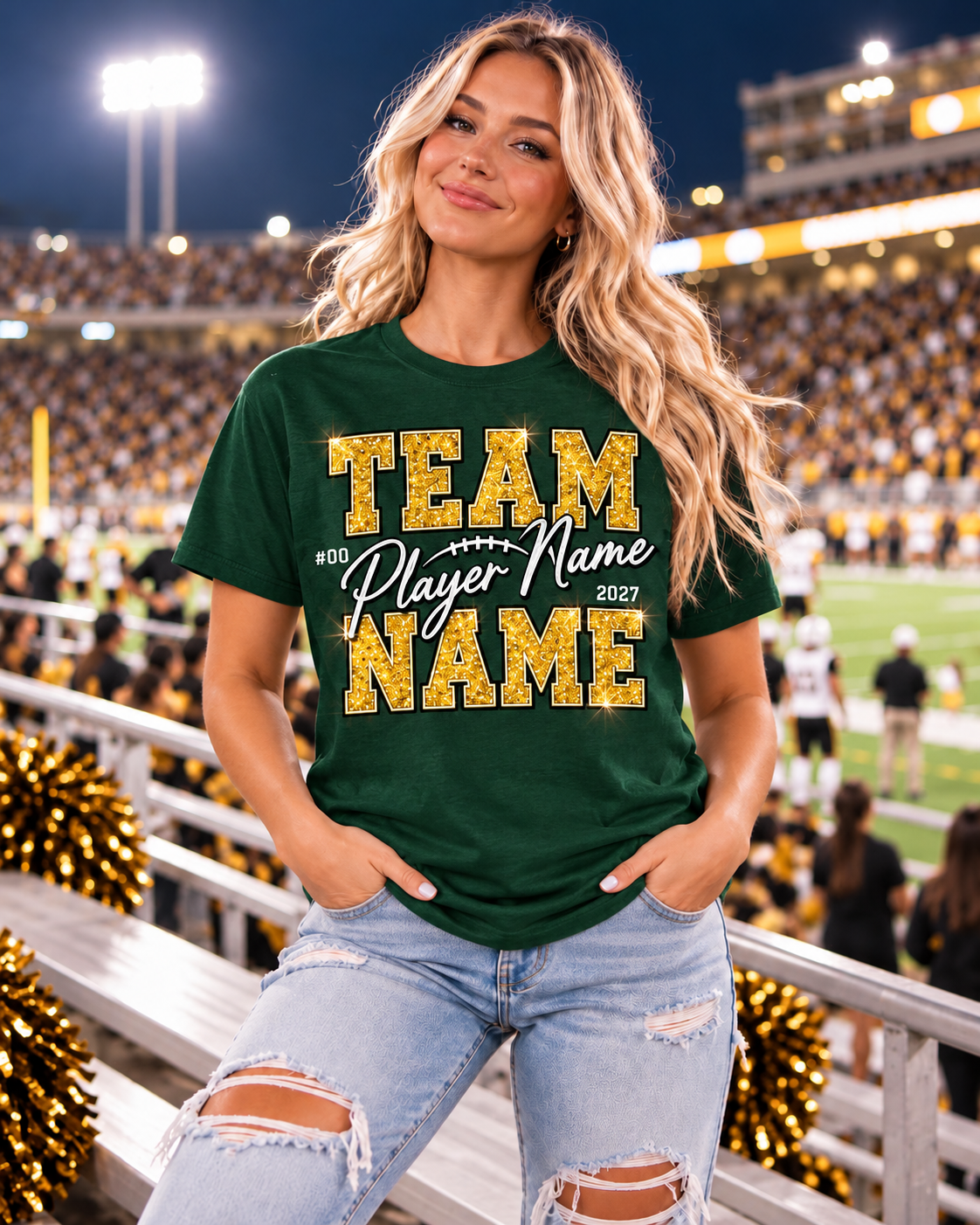 Personalized green T-shirt with printed gold glitter