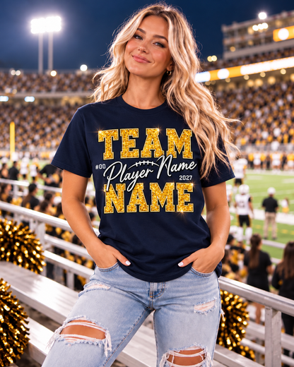 Personalized navy T-shirt with printed gold glitter