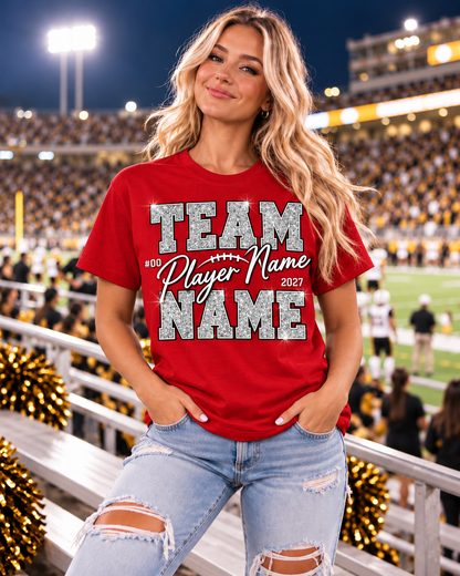Personalized red T-shirt with printed silver glitter