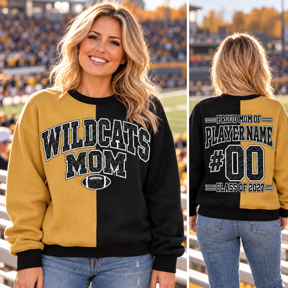 WILDCATS MOM black and gold two-tone sweatshirt Game Day front and personalized back, black cuffs — alternate color sold separately