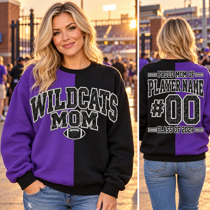 WILDCATS MOM black and purple sweatshirt game day front and personalized back — alternate color sold separately