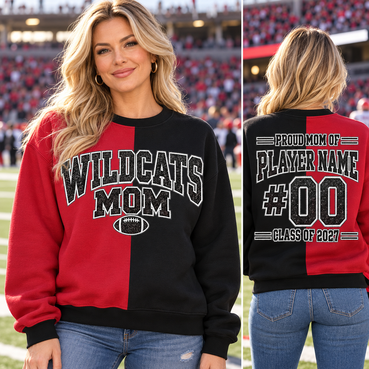 WILDCATS MOM black and red sweatshirt game day front and personalized back — alternate color sold separately