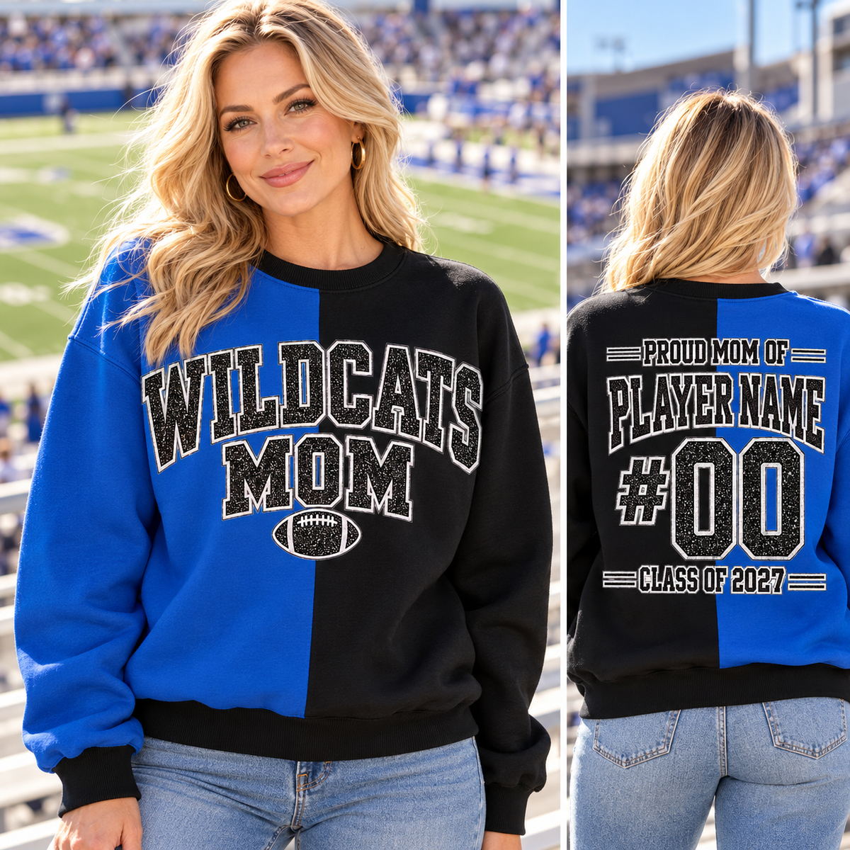 WILDCATS MOM black and royal blue sweatshirt game day front and personalized back — alternate color sold separately